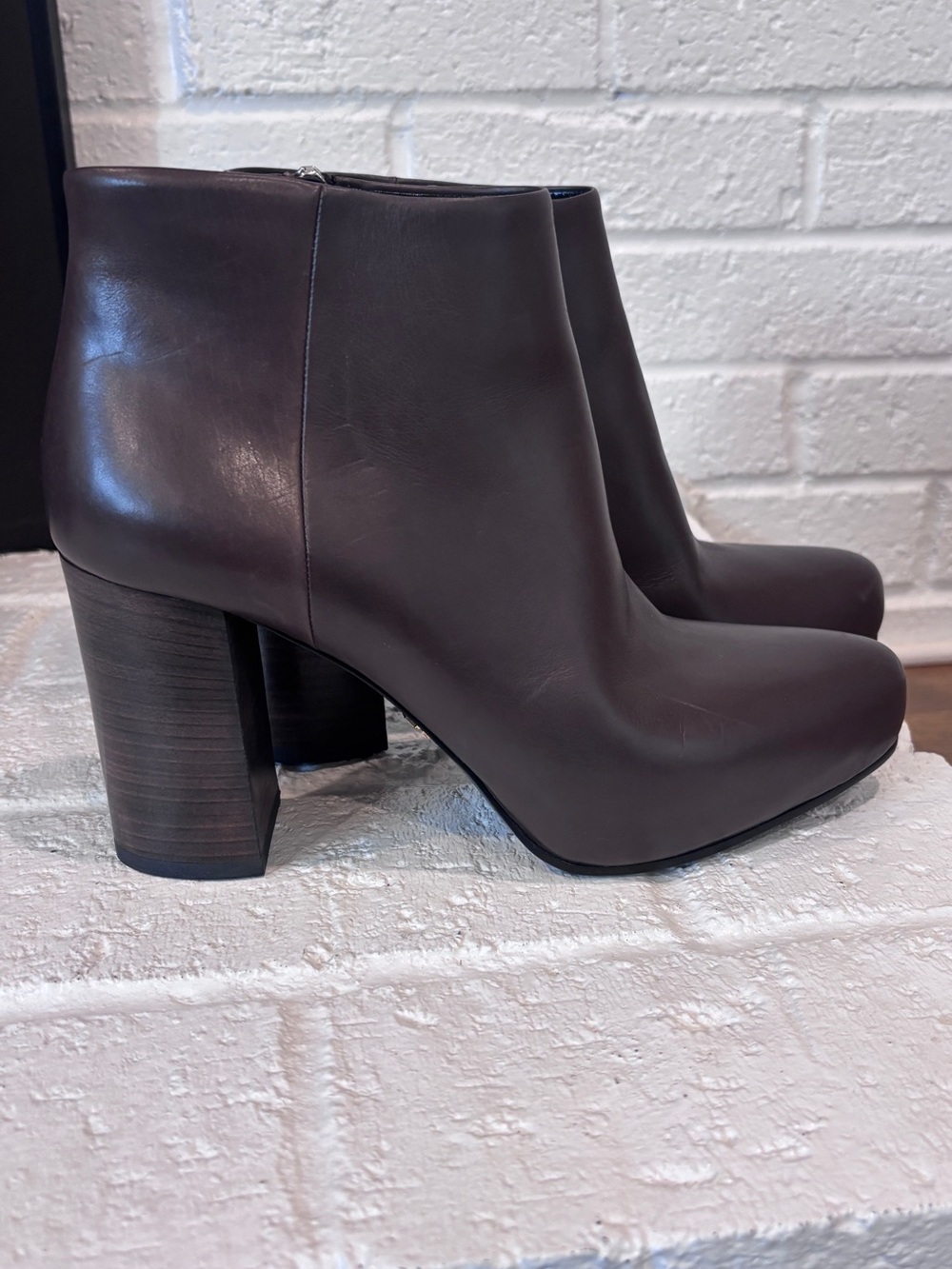 Prada Women's Brown Leather Block Heel Ankle Boots